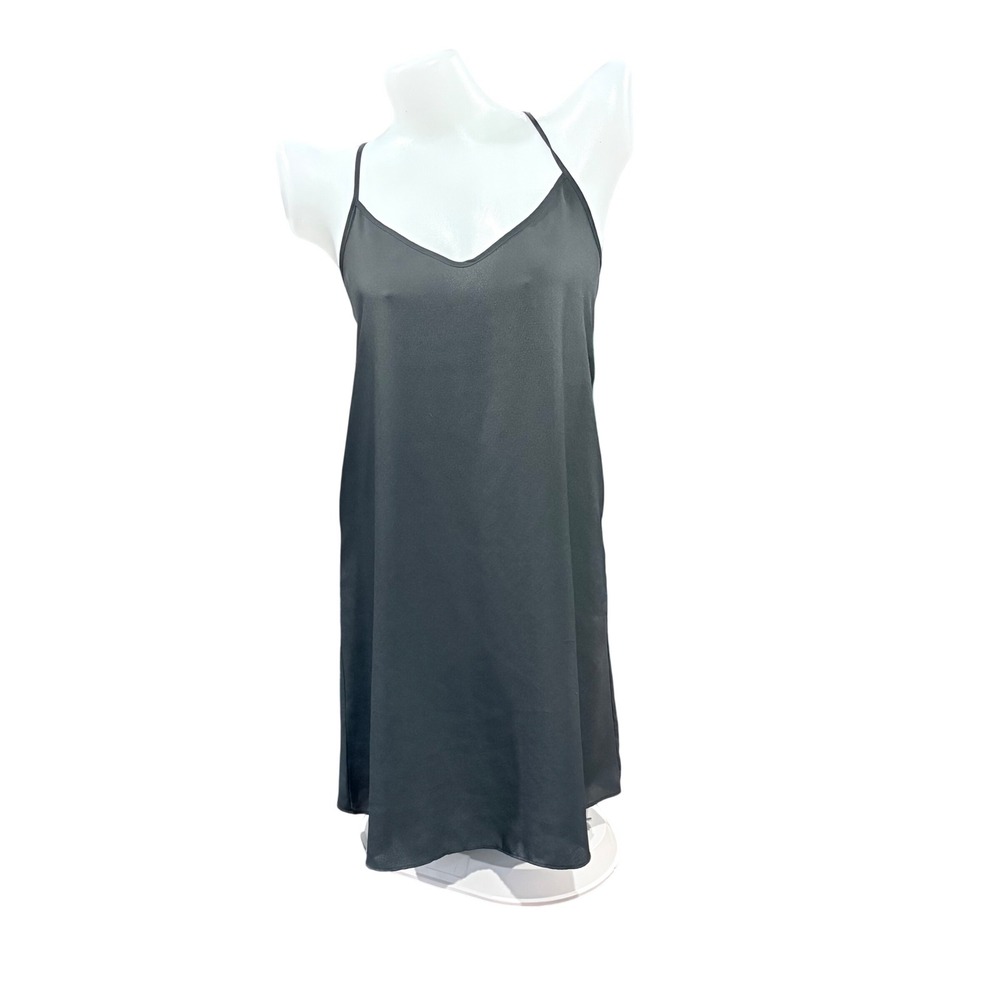 90s Minimalist Black Satin Slip Dress Extra Small XS V Neck Cami